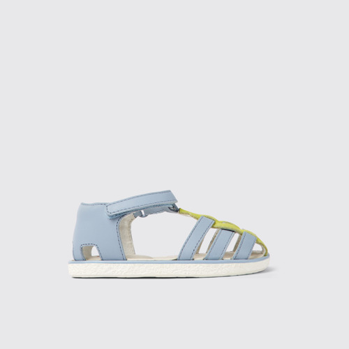 Image of Side view of Miko Blue and green leather sandals for kids