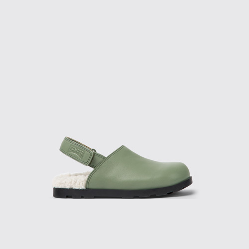 Image of Side view of Brutus Green leather clogs for kids