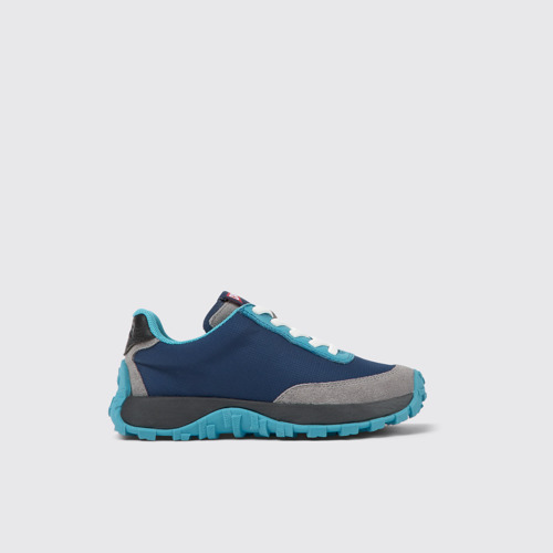 Side view of Drift Trail Blue textile and leather sneakers for kids