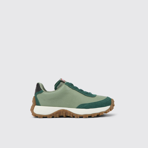 Side view of Drift Trail Green leather and nubuck sneakers for kids