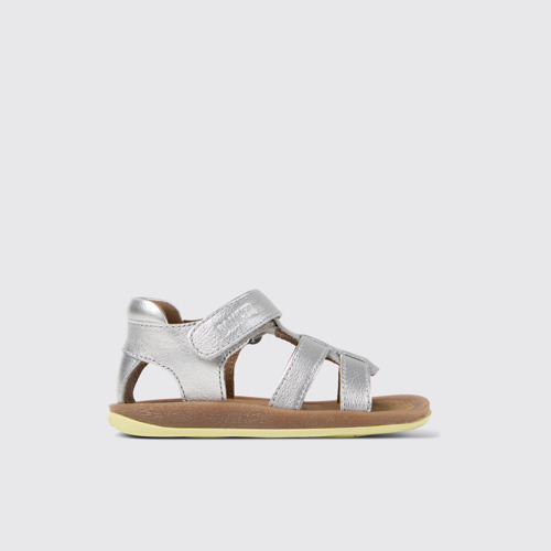 Image of Side view of Bicho Silver Leather Kids' Sandal.