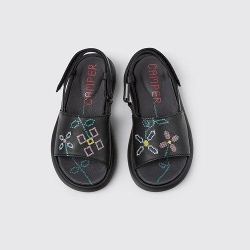 Image of Overhead view of Twins Black Leather Sandals for Kids.