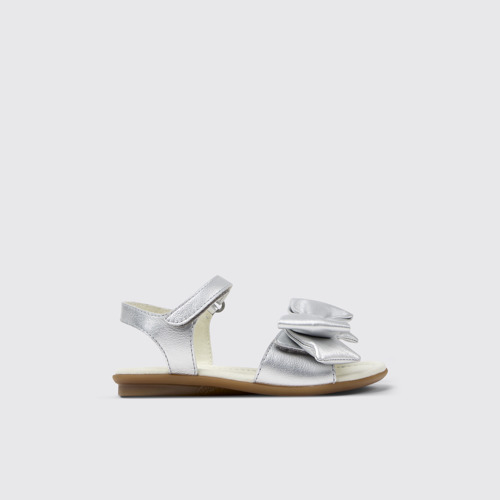 Image of Side view of Right Silver Leather Sandals for Kids.