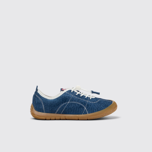Side view of Peu Path Blue Nubuck Leather Sneakers for kids.