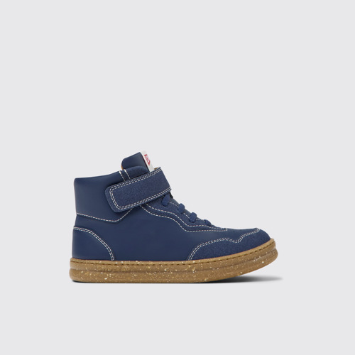 Image of Side view of Runner Dark blue leather and nubuck ankle boots for kids