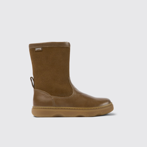 Side view of Kiddo Brown leather and nubuck boots for kids