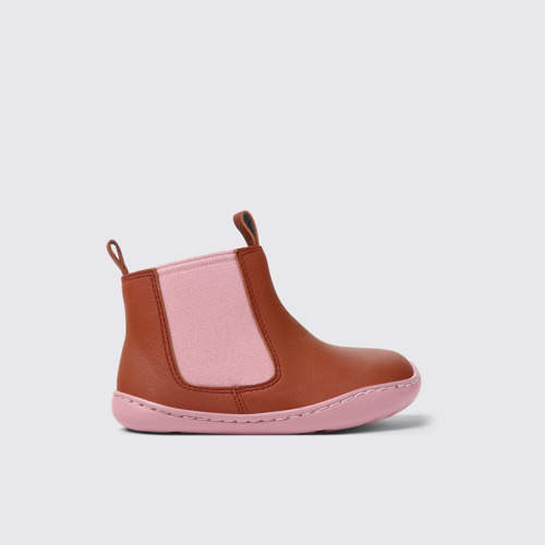 Side view of Peu Red and pink leather boots for kids