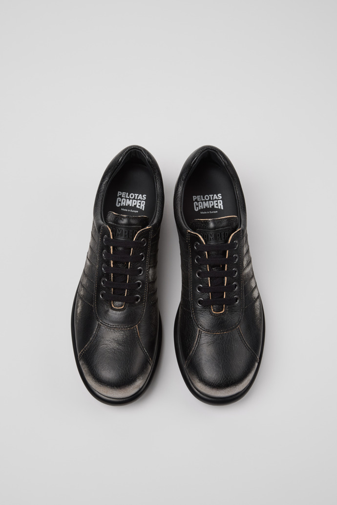 Overhead view of Pelotas Black and Gray Vegetable-Tanned Leather Shoes for Men.
