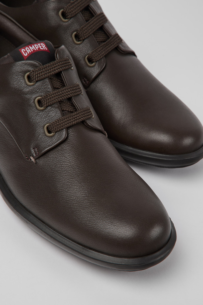 Close-up view of Atom Work Dark brown blucher shoes for men