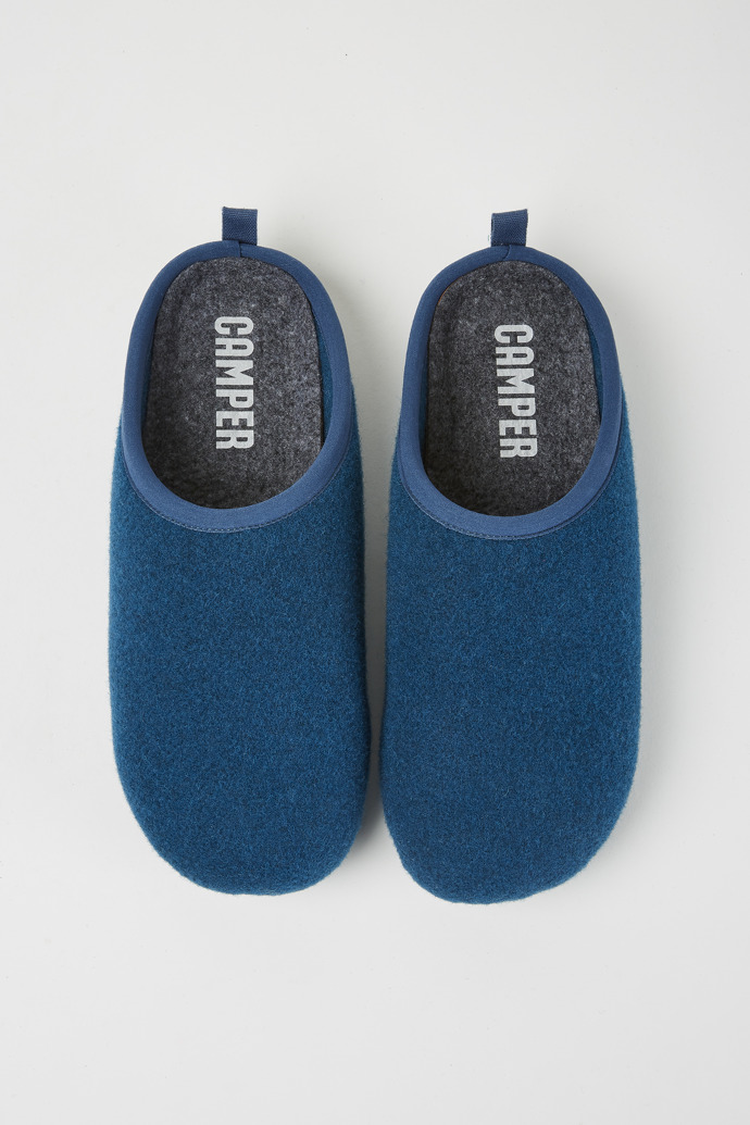 Overhead view of Wabi Blue wool men’s slippers