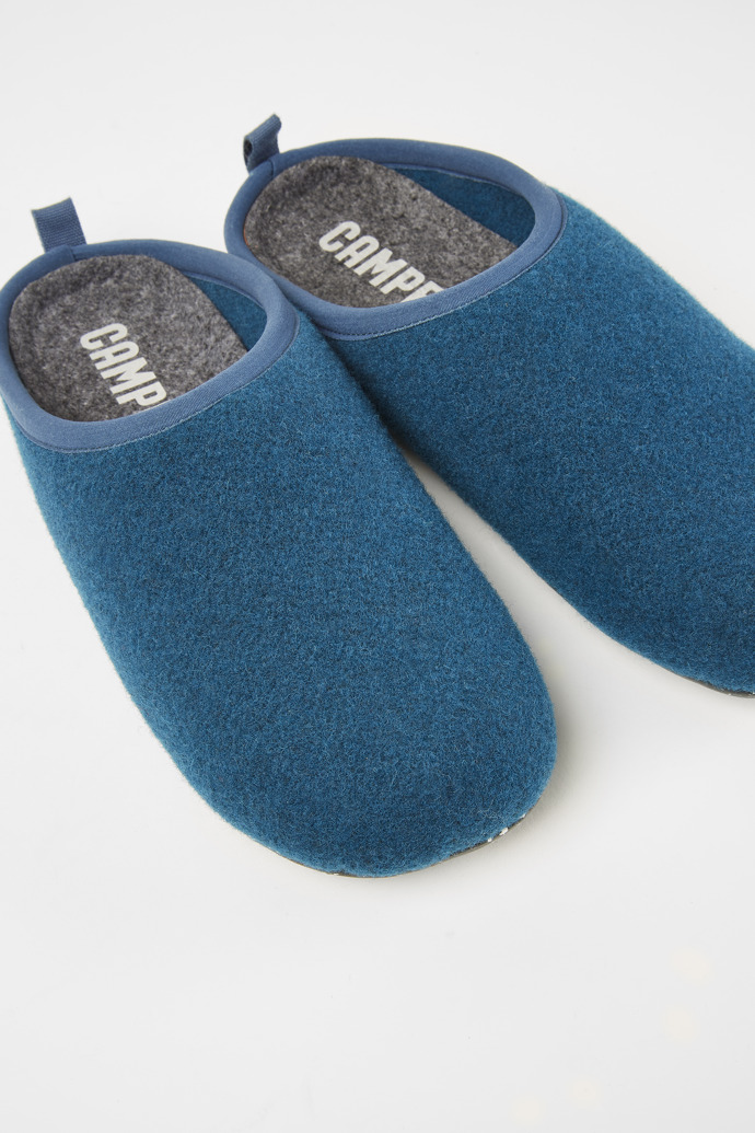 Close-up view of Wabi Blue wool men’s slippers
