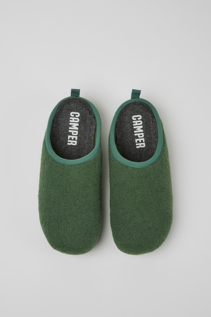 Overhead view of Wabi Green wool slippers for men