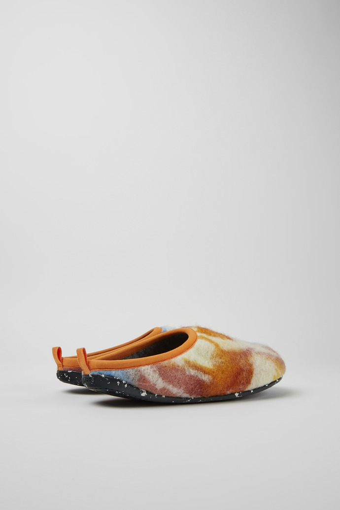 Back view of Wabi Orange and blue recycled wool slippers for men