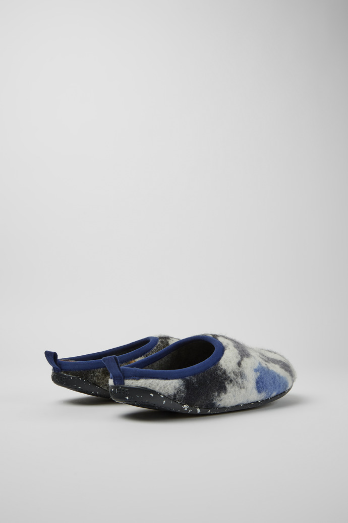 Back view of Wabi Blue and black recycled wool slippers for men