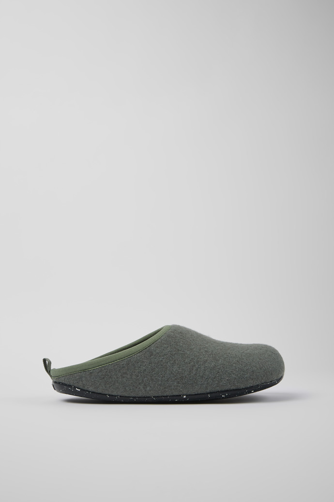 Side view of Wabi Green wool slippers for men