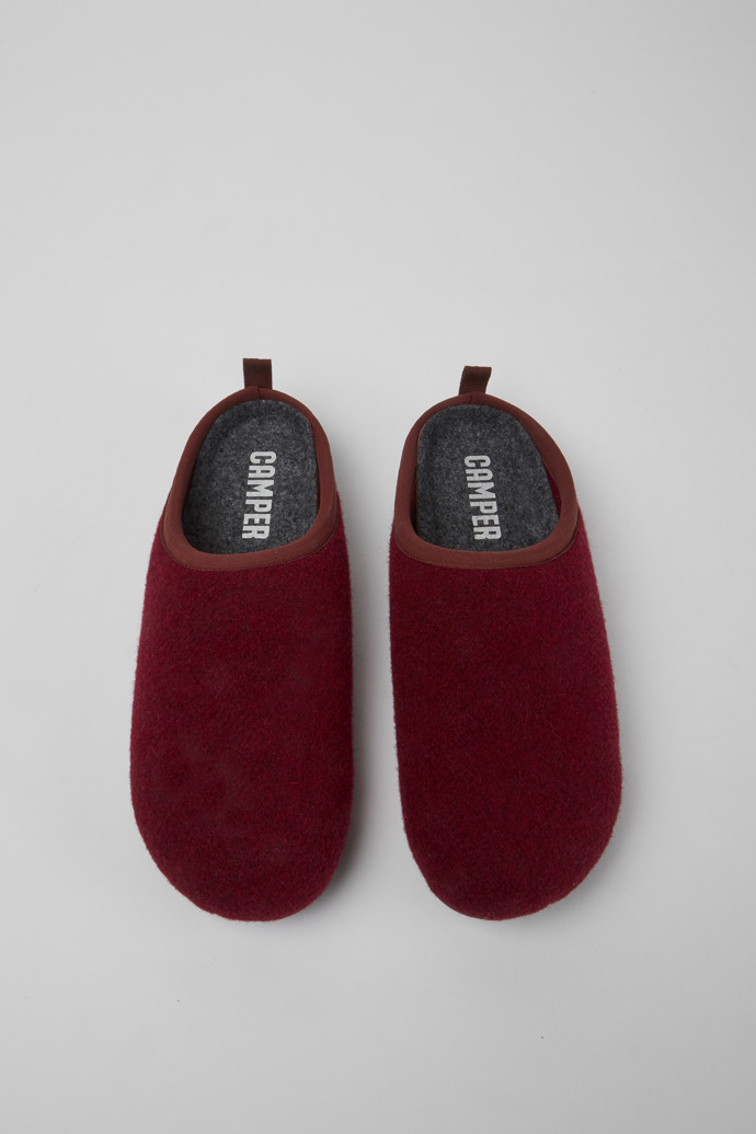 Overhead view of Wabi Burgundy wool women’s slippers