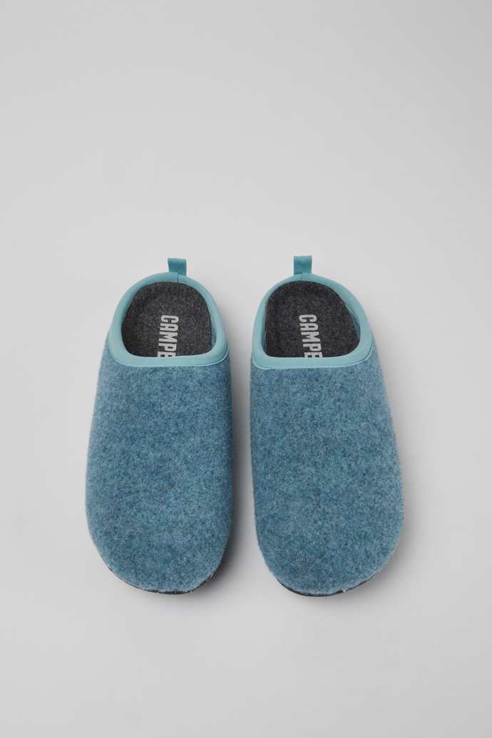 Overhead view of Wabi Light blue wool women’s slippers