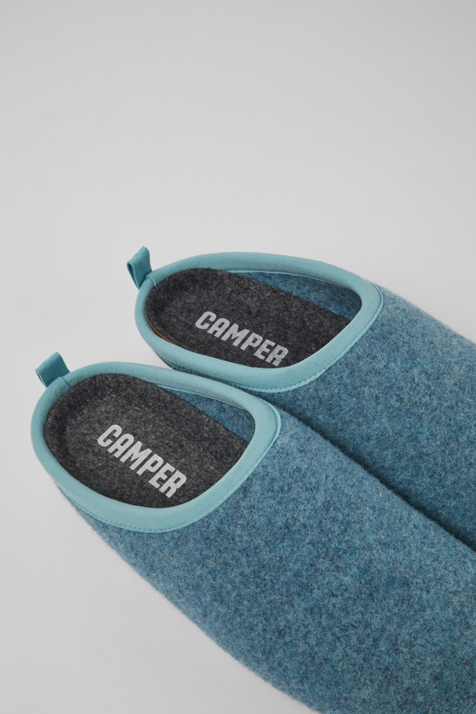 Close-up view of Wabi Light blue wool women’s slippers