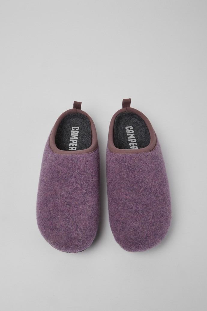 Overhead view of Wabi Violet wool women’s slippers