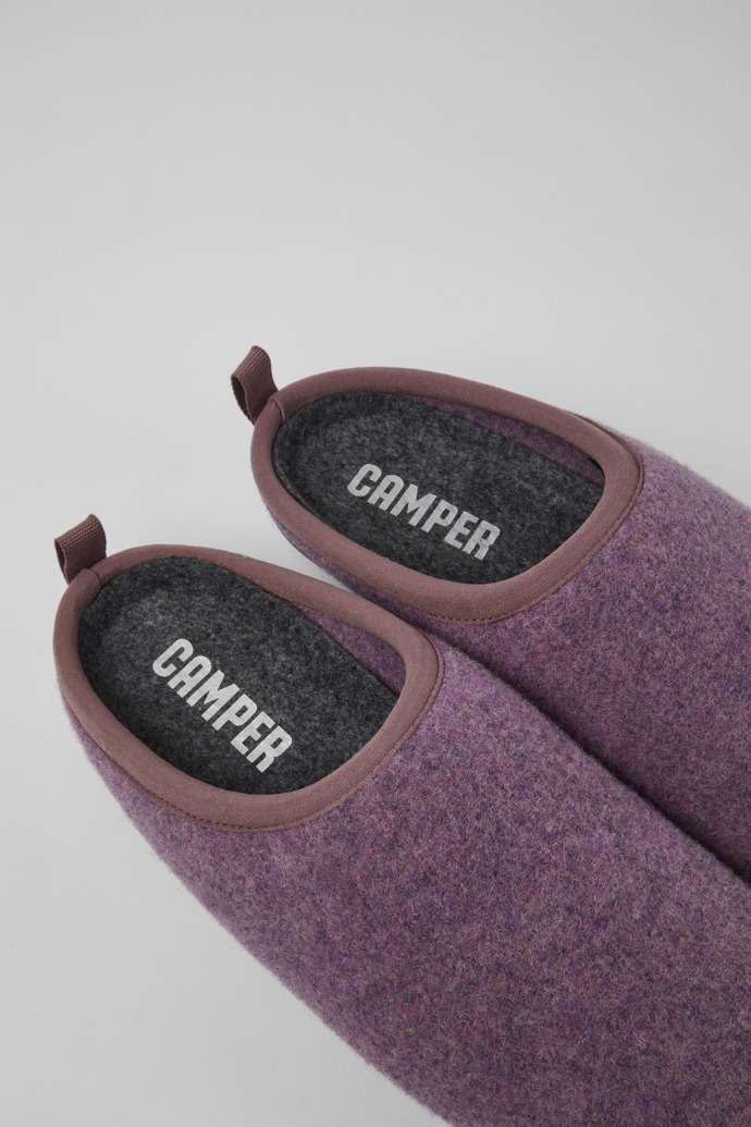 Close-up view of Wabi Violet wool women’s slippers