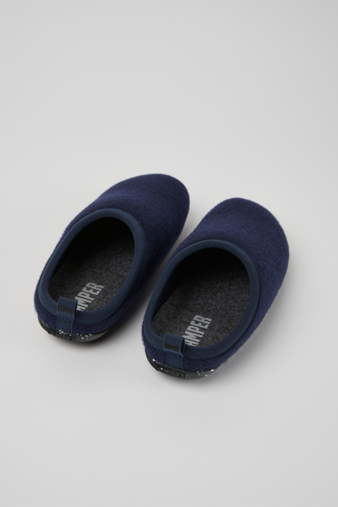 Back view of Wabi Blue wool slippers for women
