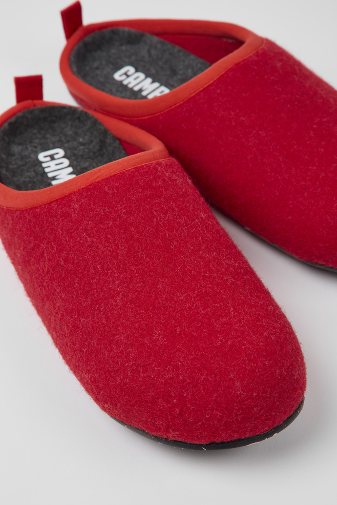 Close-up view of Wabi Red wool slippers for women