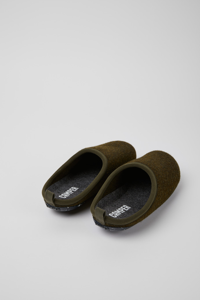 Back view of Wabi Green wool slippers for women