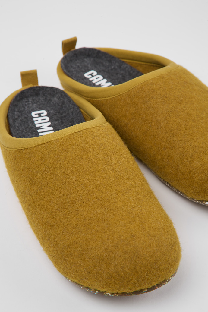 Close-up view of Wabi Yellow-brown wool slippers for women