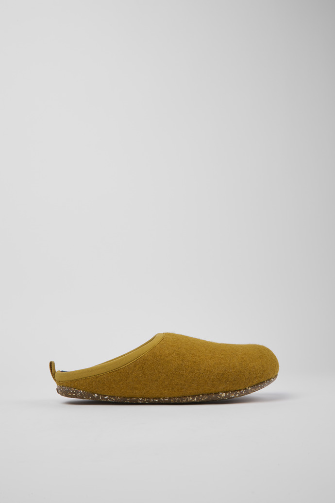 Side view of Wabi Yellow-brown wool slippers for women