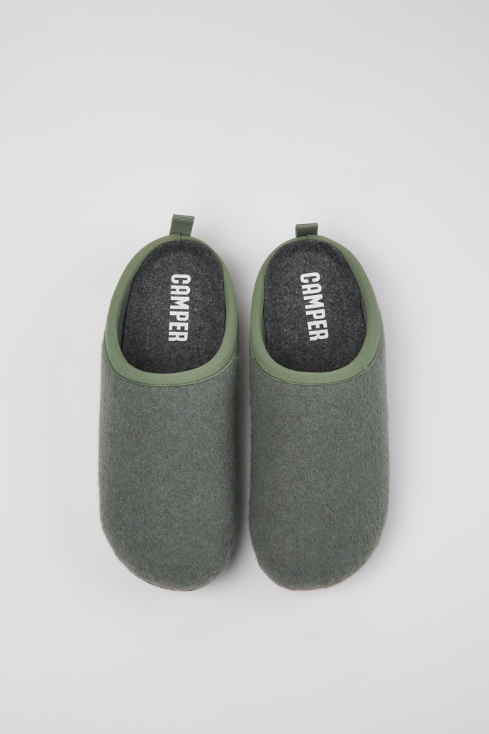 Overhead view of Wabi Green wool slippers for women