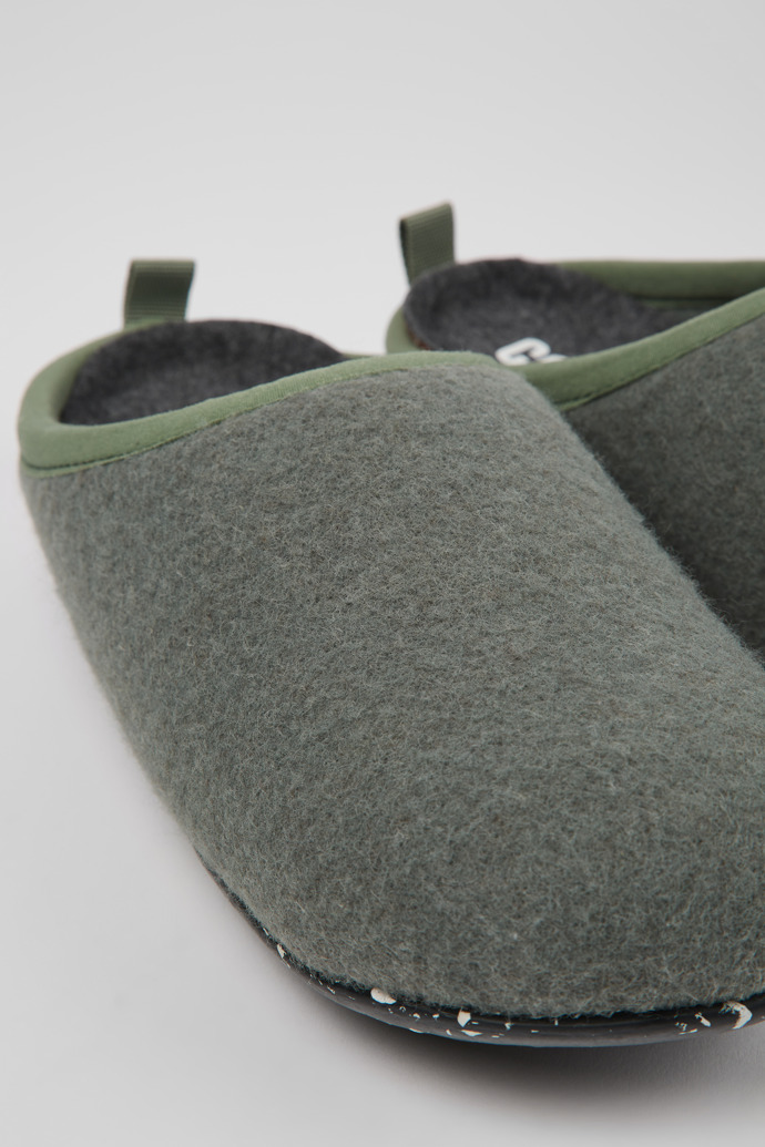 Close-up view of Wabi Green wool slippers for women