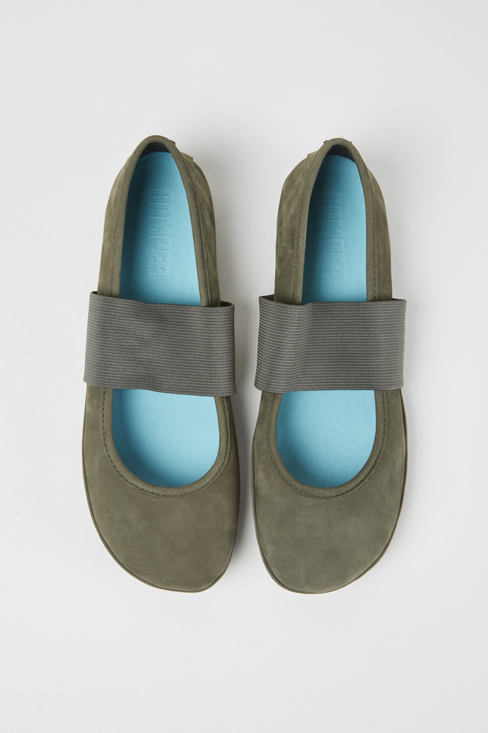 Overhead view of Right Green nubuck ballerina shoes