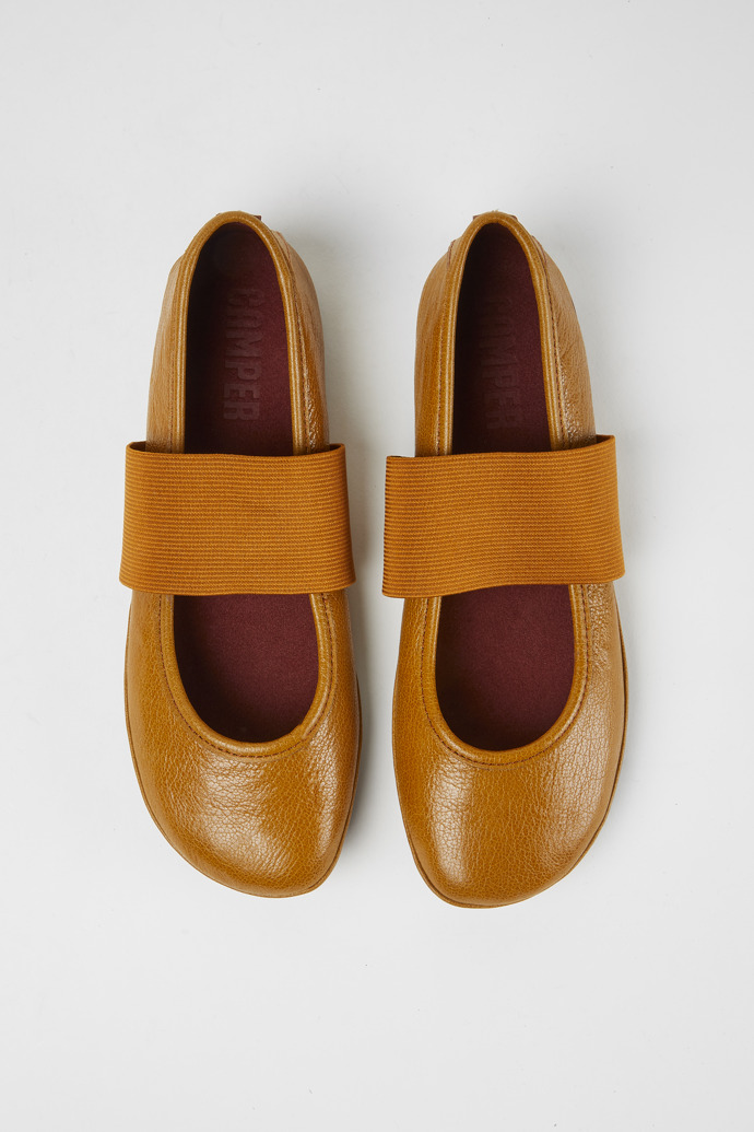 Overhead view of Right Brown leather ballerina shoes