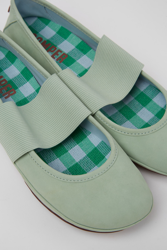 Close-up view of Right Green nubuck shoes for women