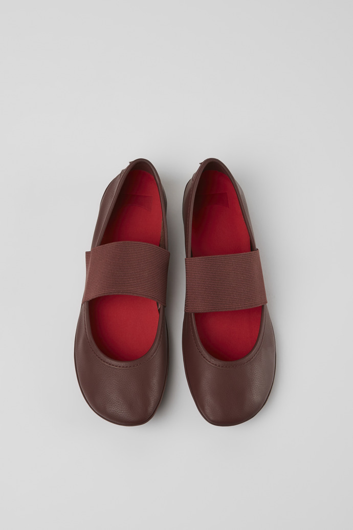 Overhead view of Right Burgundy leather ballerina flats for women