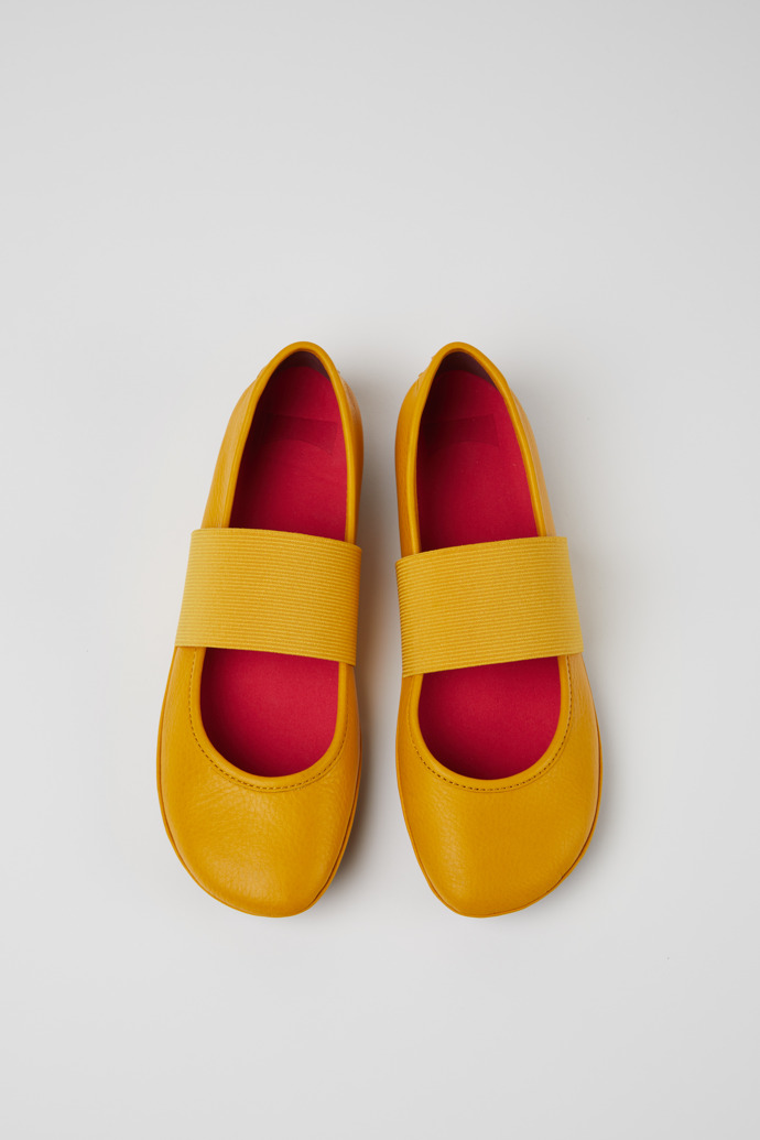 Overhead view of Right Yellow leather ballerina flats for women