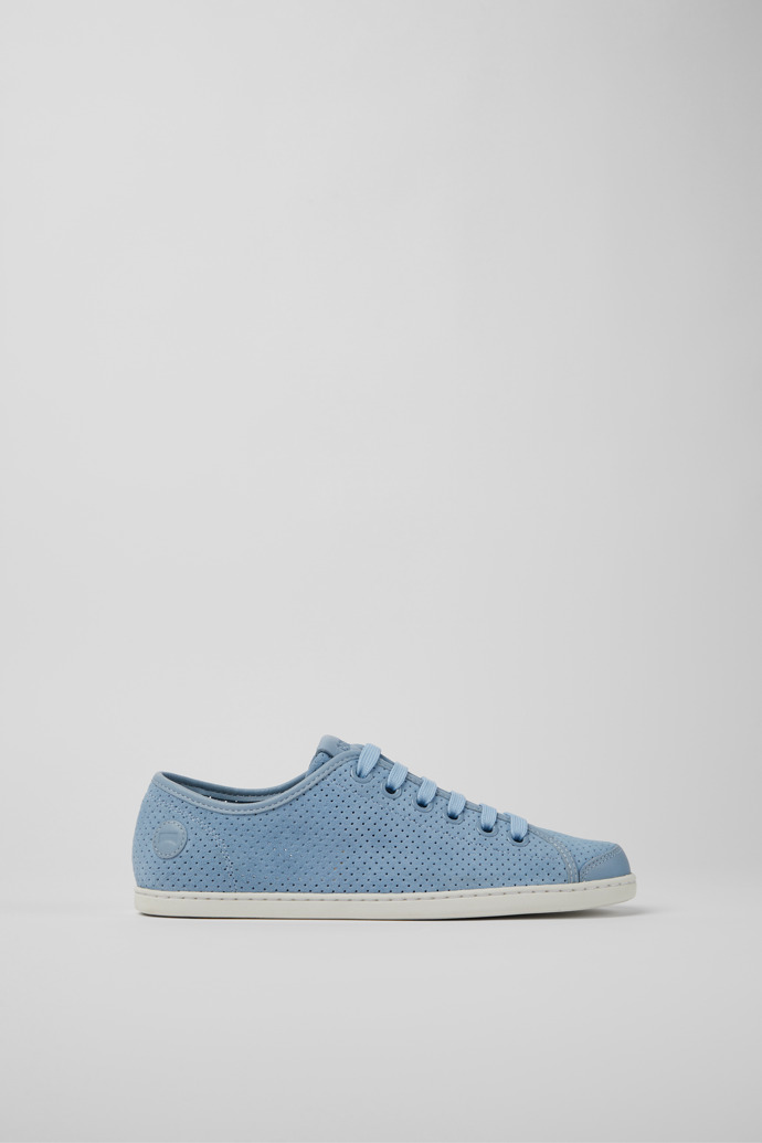 Image of Side view of Uno Blue nubuck and leather sneakers for women