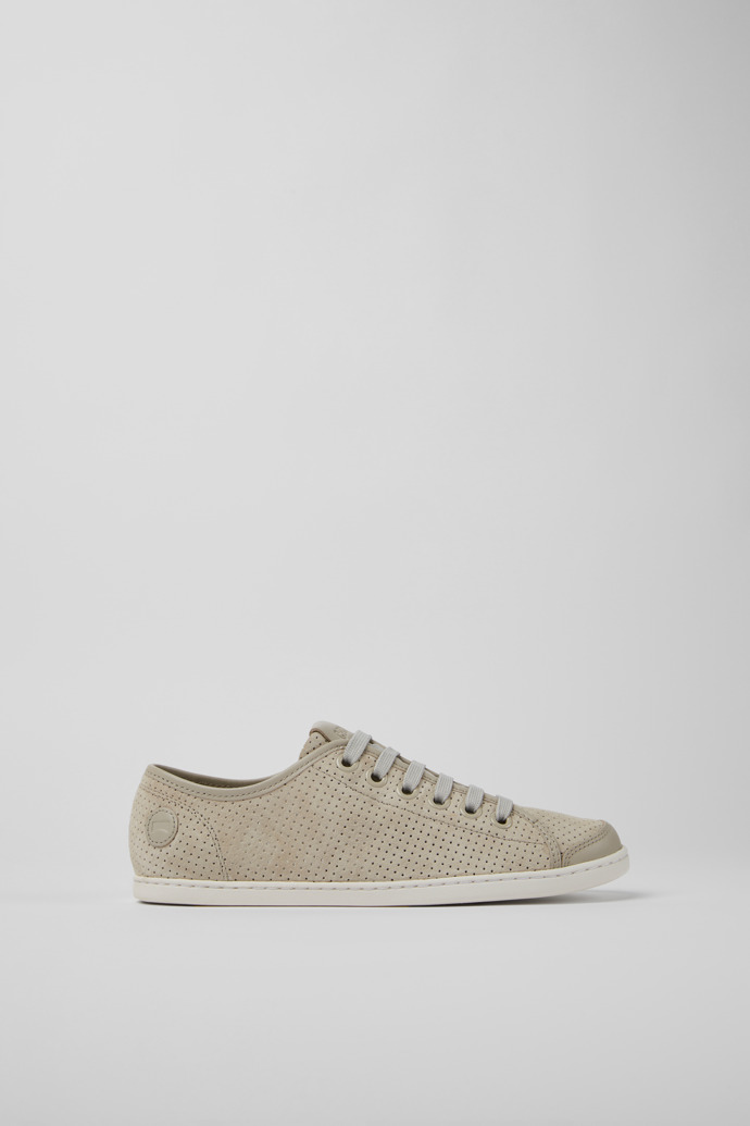 Side view of Uno Gray nubuck and leather sneakers for women