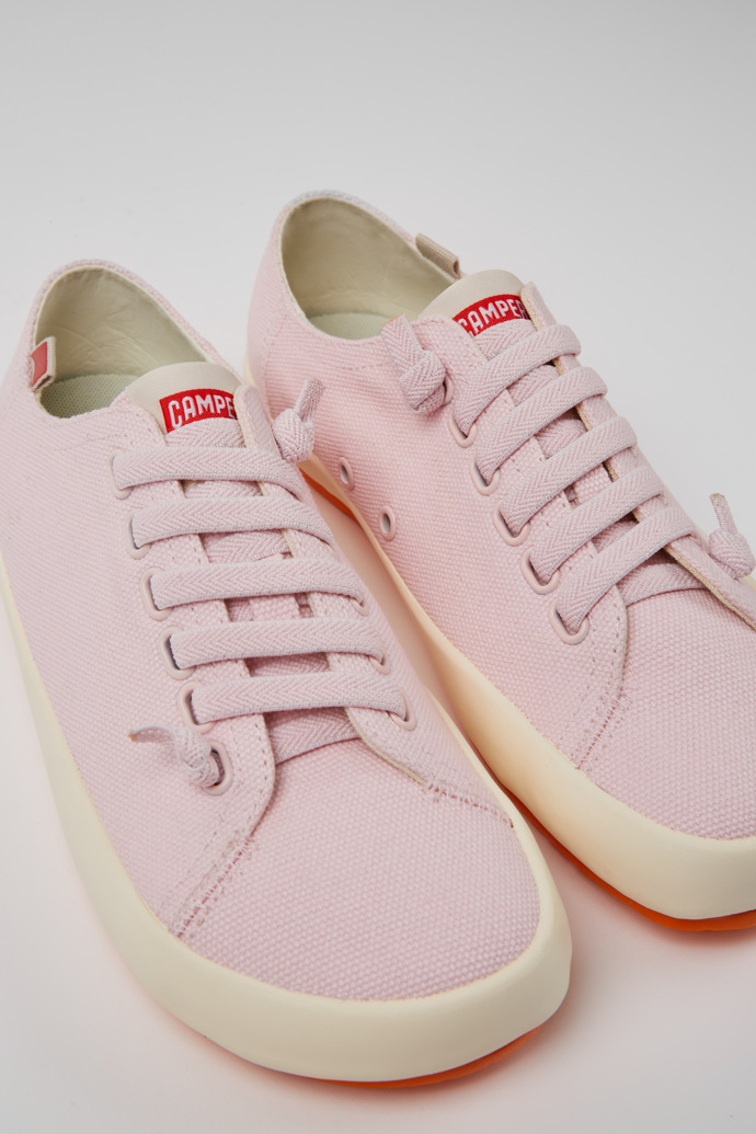 Close-up view of Peu Rambla Pink recycled cotton sneakers for women