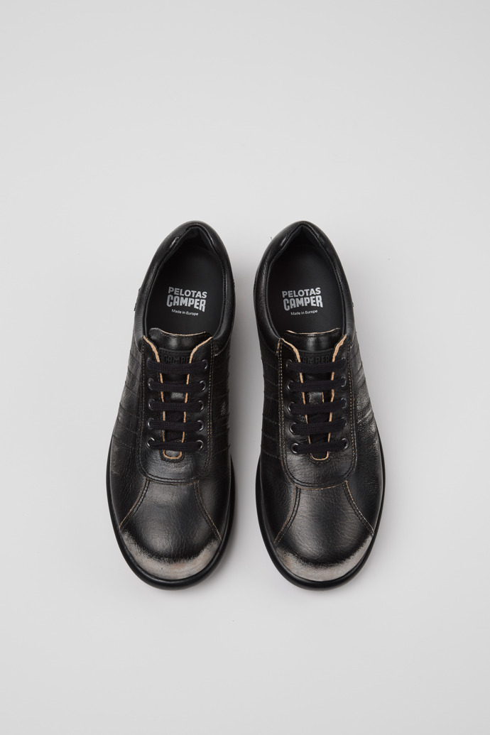 Overhead view of Pelotas Black and Gray Vegetable-Tanned Leather Shoes for Women.