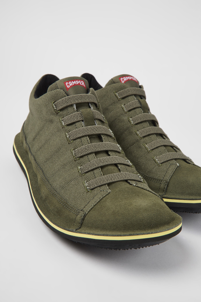 Close-up view of Beetle Green textile and nubuck shoes for men