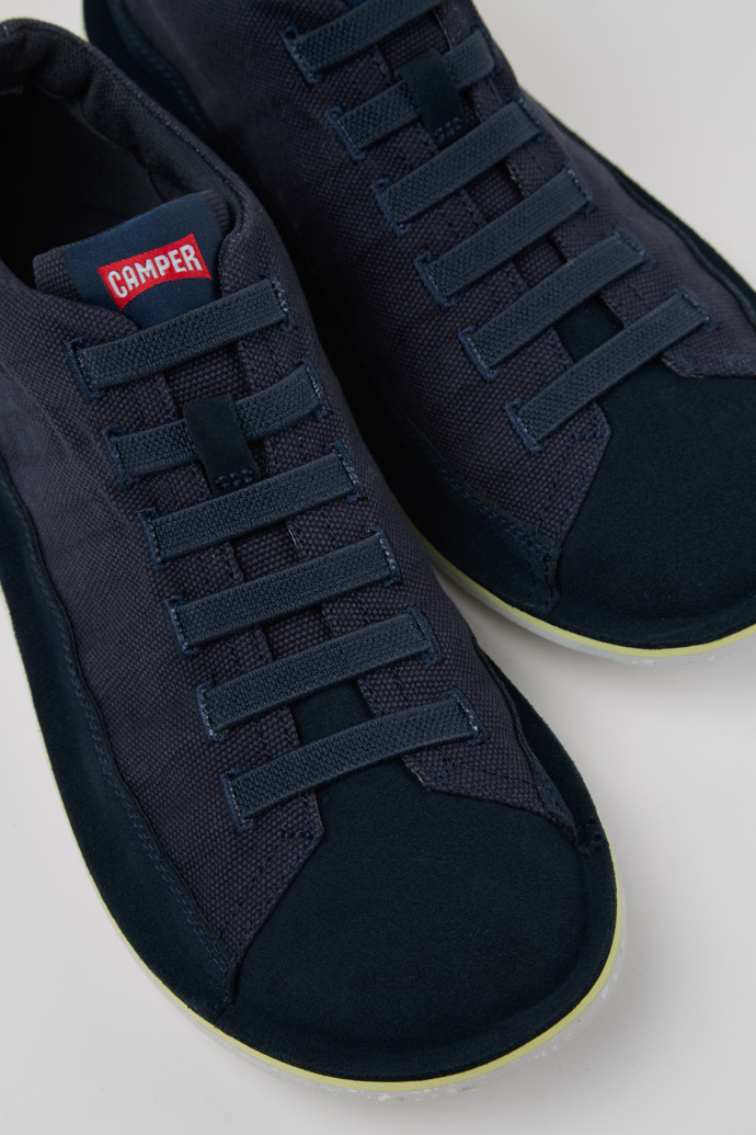 Close-up view of Beetle Blue Recycled Cotton and Nubuck Ankle Boots for Men.