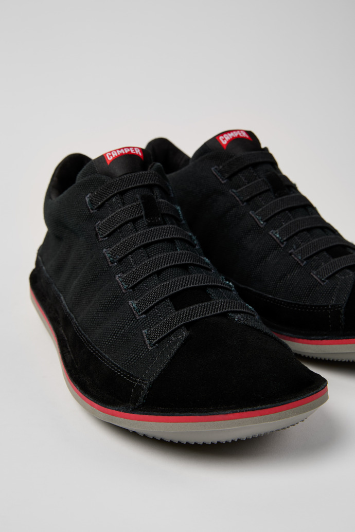 Close-up view of Beetle Black Textile and Nubuck Leather Ankle Boots for Men.