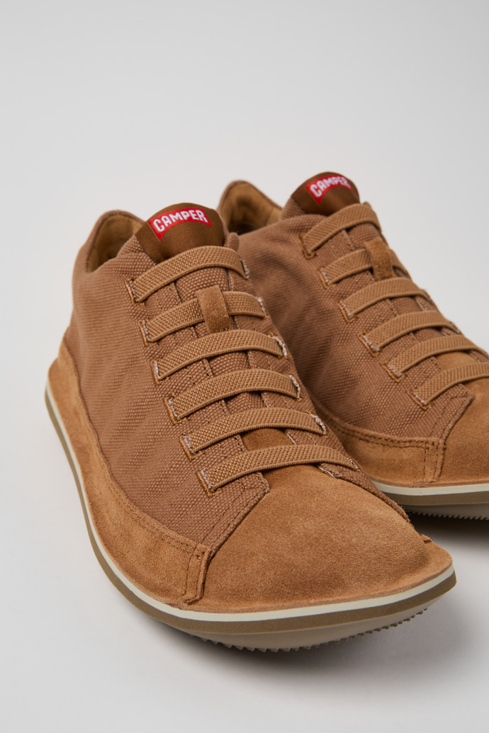 Close-up view of Beetle Brown Textile and Nubuck Leather Ankle Boots for Men.