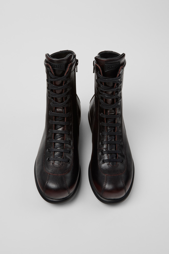 Overhead view of Pelotas Burgundy Leather Mid Boots for Women.