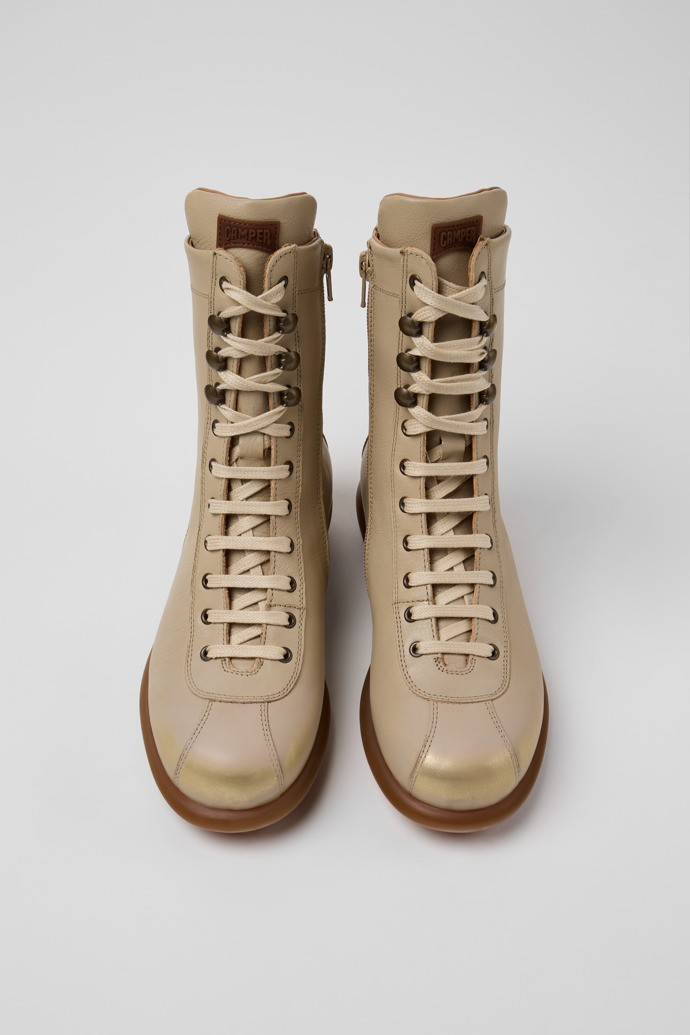 Overhead view of Pelotas Beige Vegetable-Tanned Leather Ankle Boots for Women.