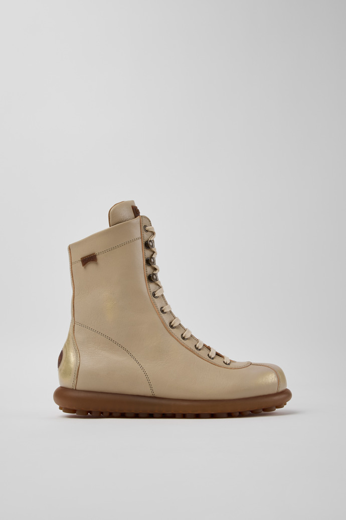 Side view of Pelotas Beige Vegetable-Tanned Leather Ankle Boots for Women.