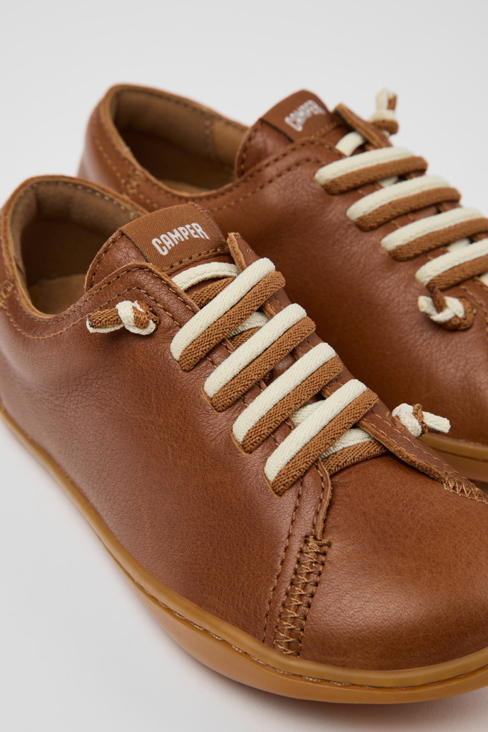 Close-up view of Peu Brown Leather Shoes for kids.