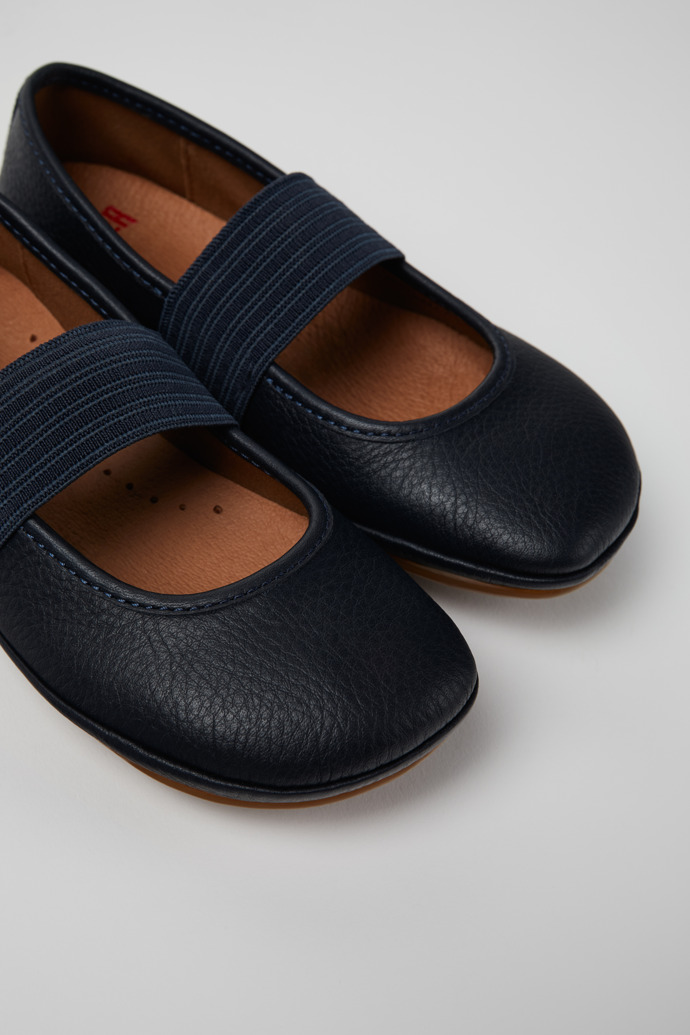 Close-up view of Right Blue Leather Ballerinas for Kids.