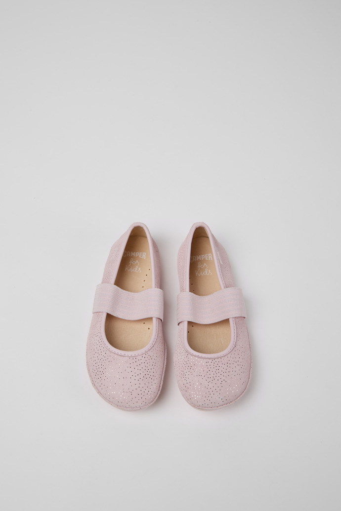 Overhead view of Right Pink nubuck ballerinas with glitter effect for girls
